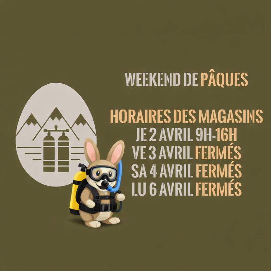 🐣 Horaires d’ouverture de vos magasins pendant le week-end Pâques cette année 🐣 

 #pâques2026  #plongeech  #vaud #neuchâtel #scubadiving