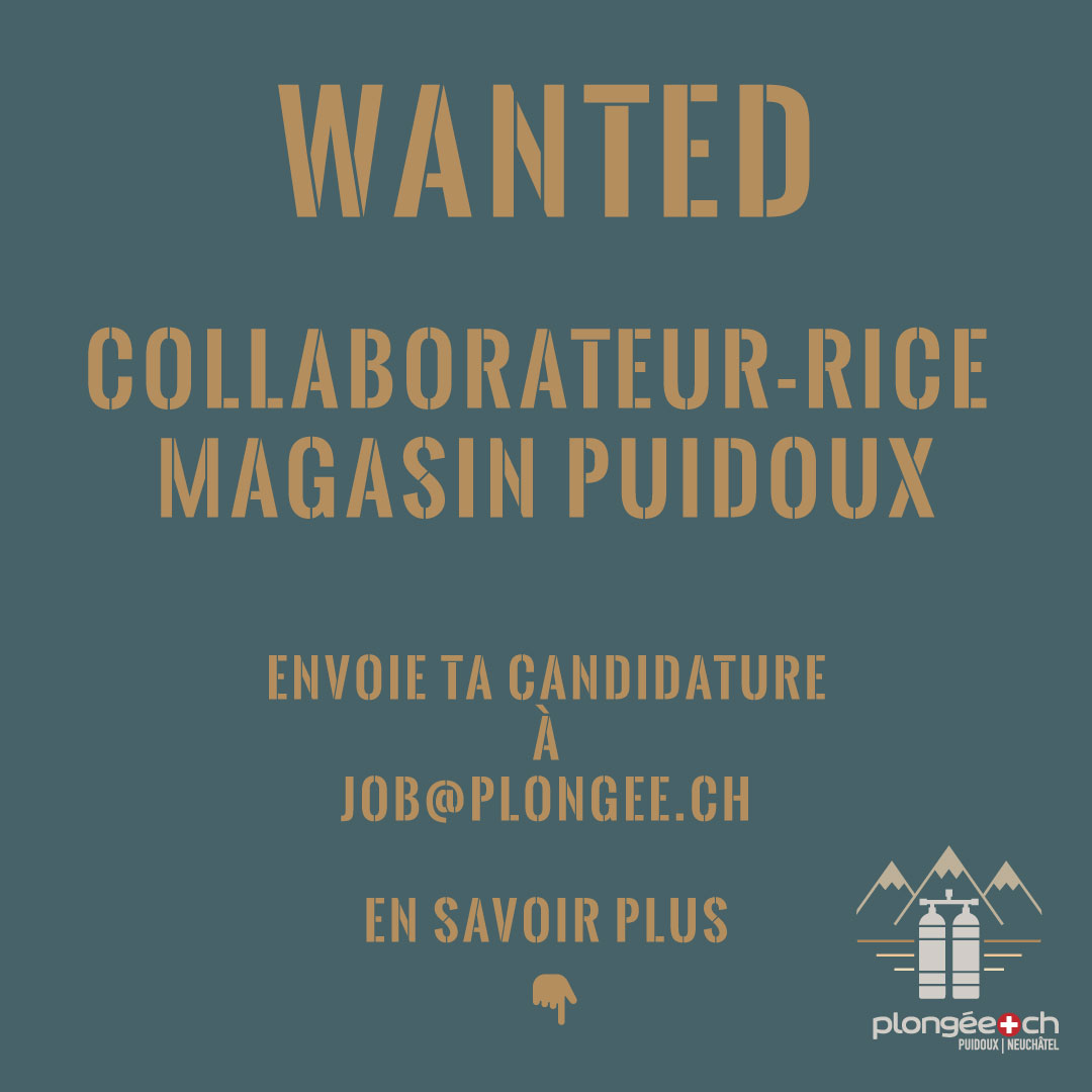 Un nouveau job en 2026 ?

🐠 NOUS RECRUTONS | Collaborateur·trice magasin de plongée (H/F)

📍 Puidoux (VD) – plongée.ch
🕒 Temps partiel ou plein - à définir (40–100 %)

💦 Tu aimes la plongée et le contact client ?
Rejoins plongée.ch, magasin spécialisé en plongée sous-marine, et participe au quotidien d’une équipe passionnée dans un cadre convivial.

⸻

🔹 Tes conditions
✅ Temps partiel ou plein - à définir (40–100 %)
✅ Présence obligatoire le samedi

⸻

🔹 Tes missions
🤿 Accueillir et conseiller la clientèle
🛒 Vendre du matériel de plongée
📦 Gérer la location et le retour du matériel
🏪 Participer à l’organisation du magasin et au suivi du stock
🎉 Contribuer à la vie du magasin (événements, entraide d’équipe)

⸻

🔹 Ton profil
✔ Intérêt marqué pour la plongée sous-marine
✔ À l’aise avec la clientèle et sens du service
✔ Bonne gestion du stress et des priorités
✔ Fiable, autonome et motivé·e
➕ Une expérience en vente ou dans le milieu de la plongée est un atout

⸻

🔹 Ce que nous t’offrons
✨ Un environnement de travail passionnant
✨ Une petite équipe dynamique et bienveillante
✨ Une formation interne sur le matériel de plongée

⸻

📩 Intéressé·e ?
Envoie ta candidature à 👉 job@plongee.ch

👉 N’hésite pas à partager l’annonce autour de toi !