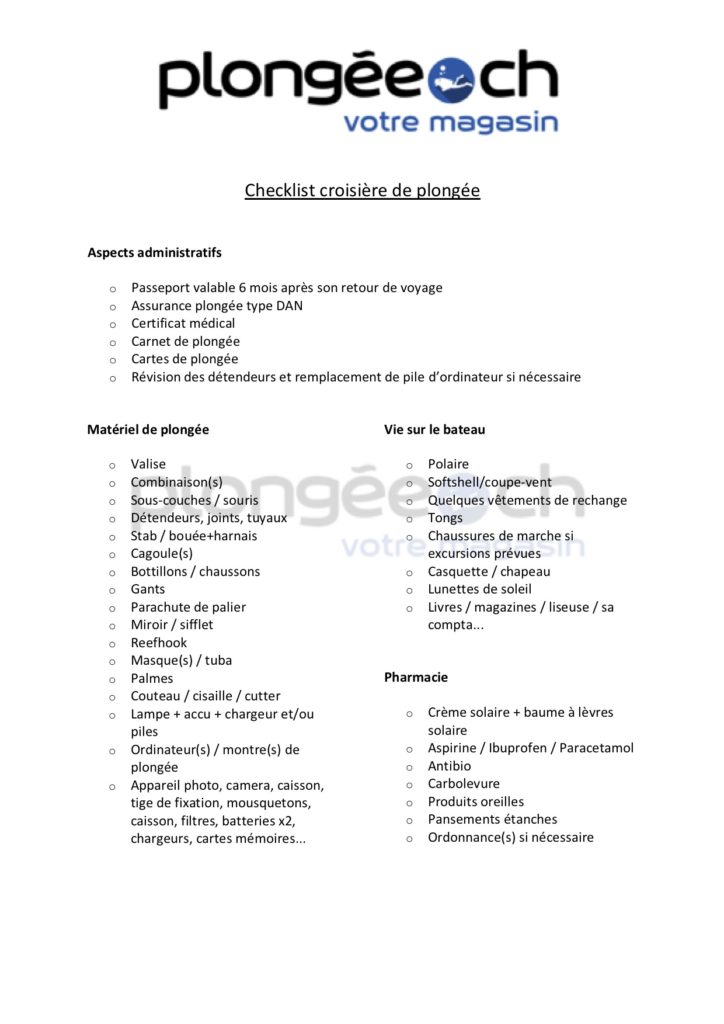 Checklist Croisière De Plongée