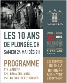 Rendez-vous le 24 mai au magasin de Puidoux pour fêter les 10 ans de Plongée.ch !

Une journée spéciale pour :

1️⃣ Se retrouver entre passionnés — plongeurs, accompagnants, partenaires, tout le monde est le bienvenu !
2️⃣ Tester les équipements Apeks, sur place ou directement dans l’eau à Rivaz
3️⃣ Bénéficier d’offres exclusives et de remises exceptionnelles
4️⃣ Et bien sûr, partager un bon moment autour d’un BBQ, lever nos verres, rire et s’amuser !

Inscription au magasin, par téléphone ou e-mail : 10ans@plongee.ch

#plongee #evenement #plongeetechnique 
#plongeesousmarine #plongée #plongeebouteille #Puidoux #vaud #Suisse #switzerland #neuchatel #10ans #apeks #apeksdiving