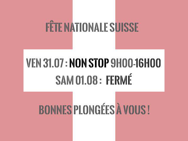 Quelques informations importantes :

🇨🇭 En l’honneur de la fête nationale, nous serons fermés ce samedi 1er août.

⚠️ Ce vendredi 31 juillet, nous serons ouverts de 9h à 16h sans interruption. 

#plongeech #scubadiving #FeteNationale #Switzerland #plongée