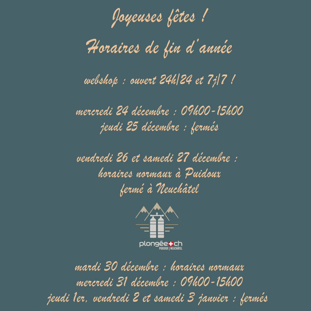 Horaires de fin d'année 2025 Plongée.ch