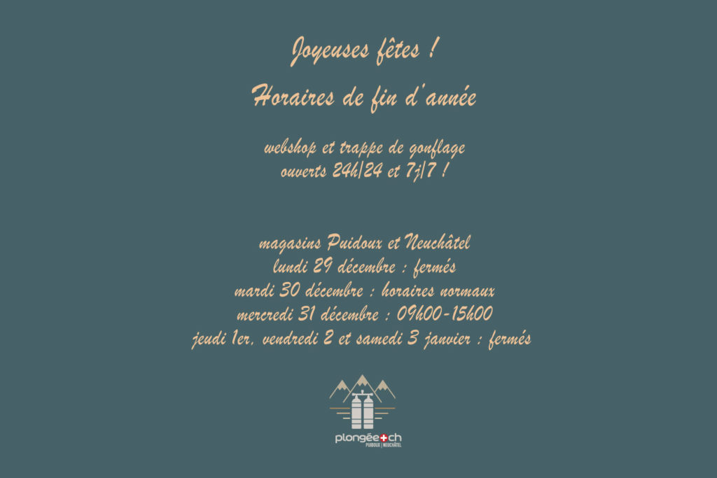 Horaires de fin d'année 2025 chez Plongée.ch : magasins, gonflage, webshop