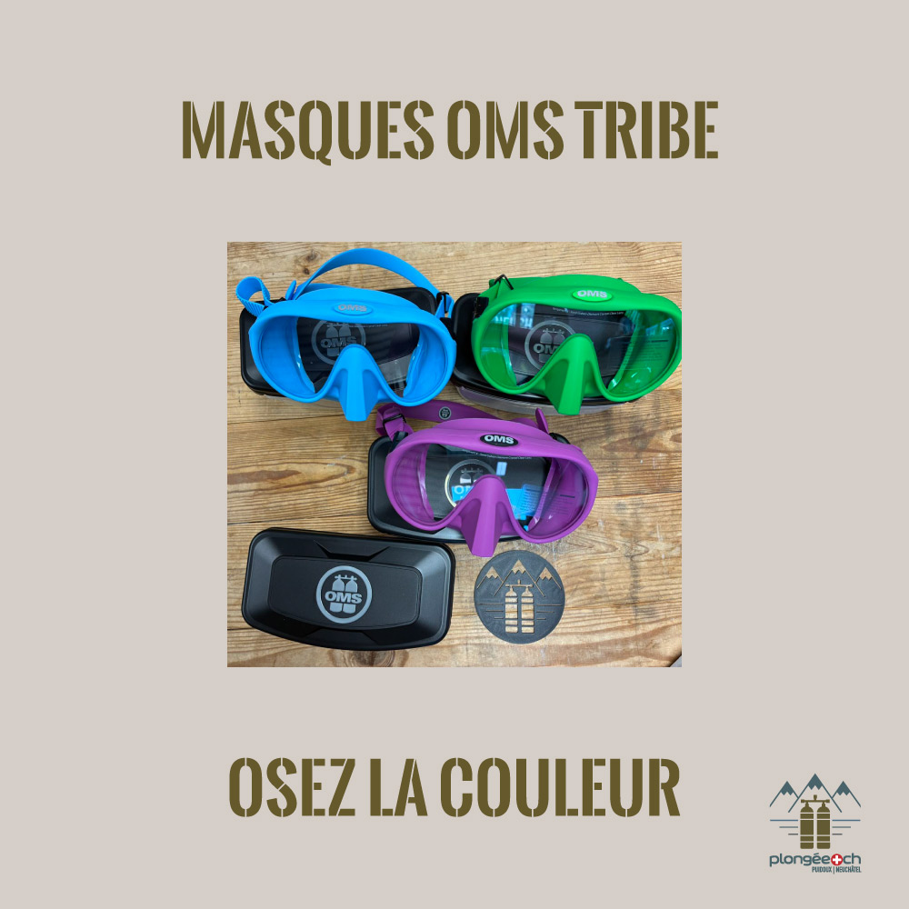Les masques OMS Tribe sont disponibles en bleu, vert, violet